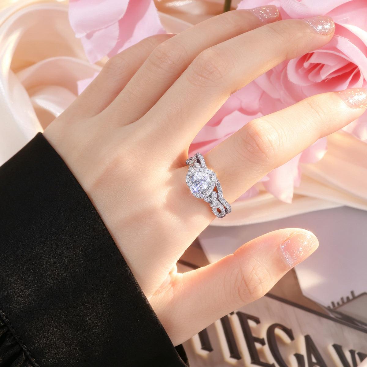 0.8 CT Heart Moissanite Ring Set – 18K Gold Plated Stackable Bands