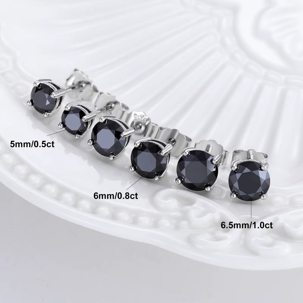 VVS1 Black Moissanite Solitaire Stud Earrings in 18K White Gold Plated S925 Sterling Silver