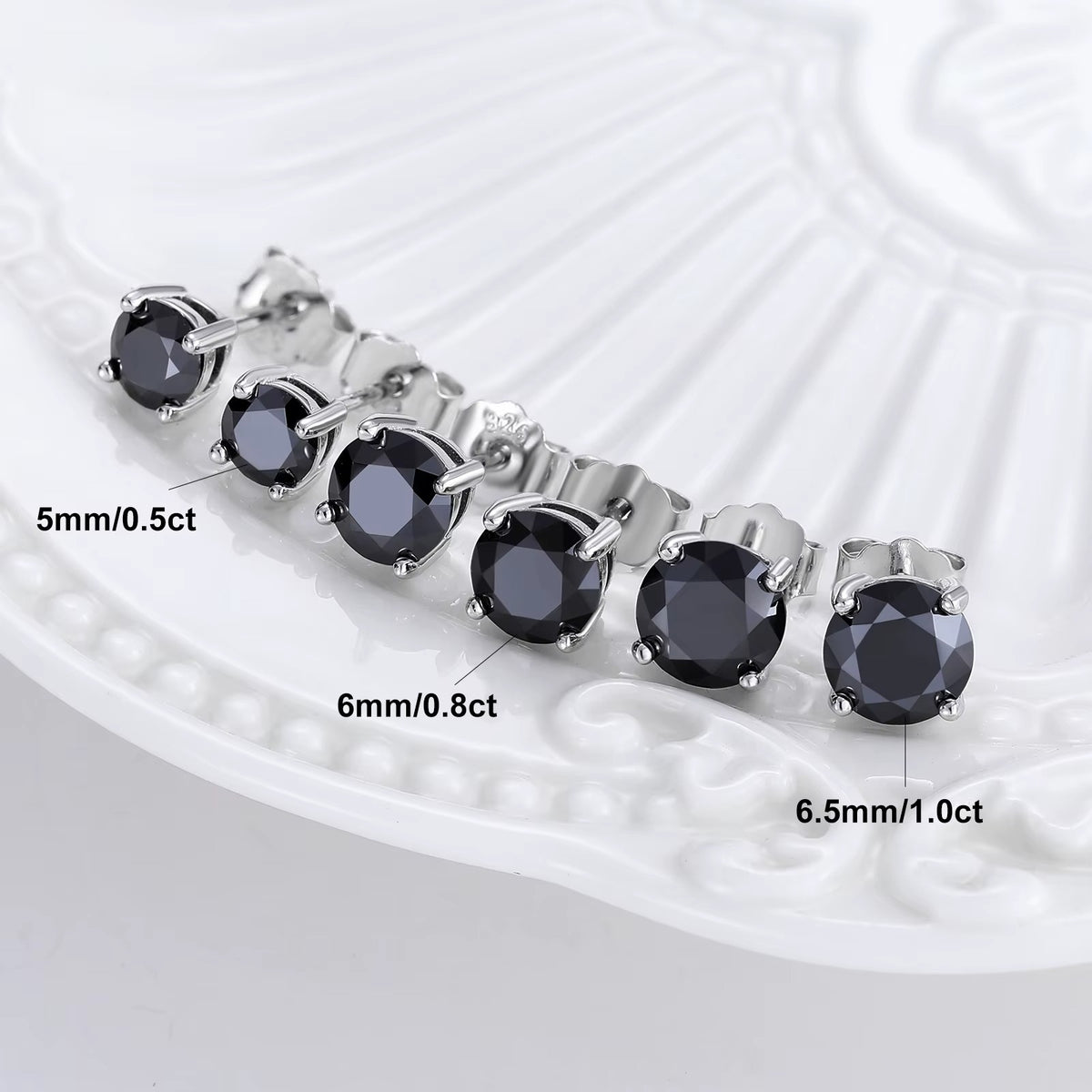 VVS1 Black Moissanite Solitaire Stud Earrings in 18K White Gold Plated S925 Sterling Silver