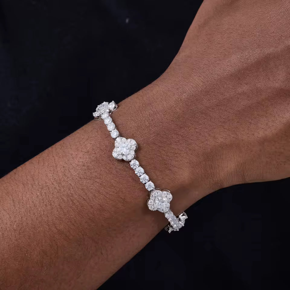 12mm VVS1 D Lily Cut Moissanite Four Leaf Clover 5 Motif Tennis Bracelet | 18K Gold Plated 925 Sterling Silver