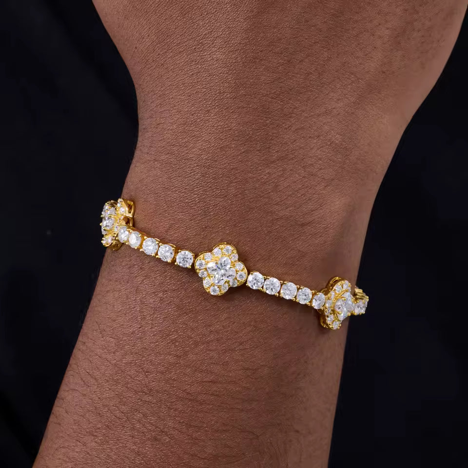 12mm VVS1 D Lily Cut Moissanite Four Leaf Clover 5 Motif Tennis Bracelet | 18K Gold Plated 925 Sterling Silver