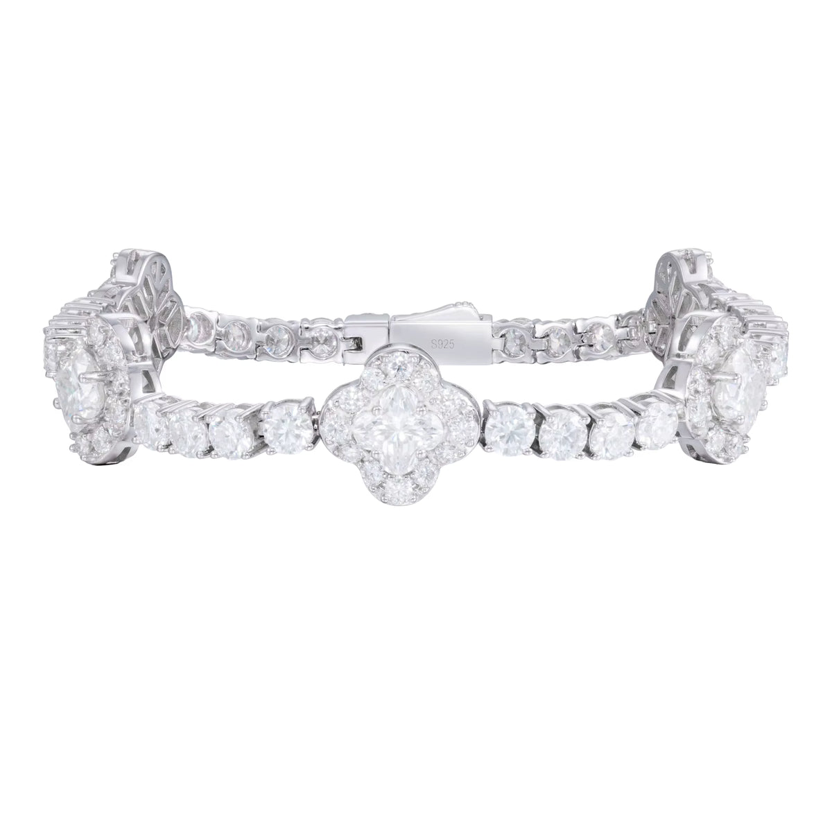 12mm VVS1 D Lily Cut Moissanite Four Leaf Clover 5 Motif Tennis Bracelet | 18K Gold Plated 925 Sterling Silver